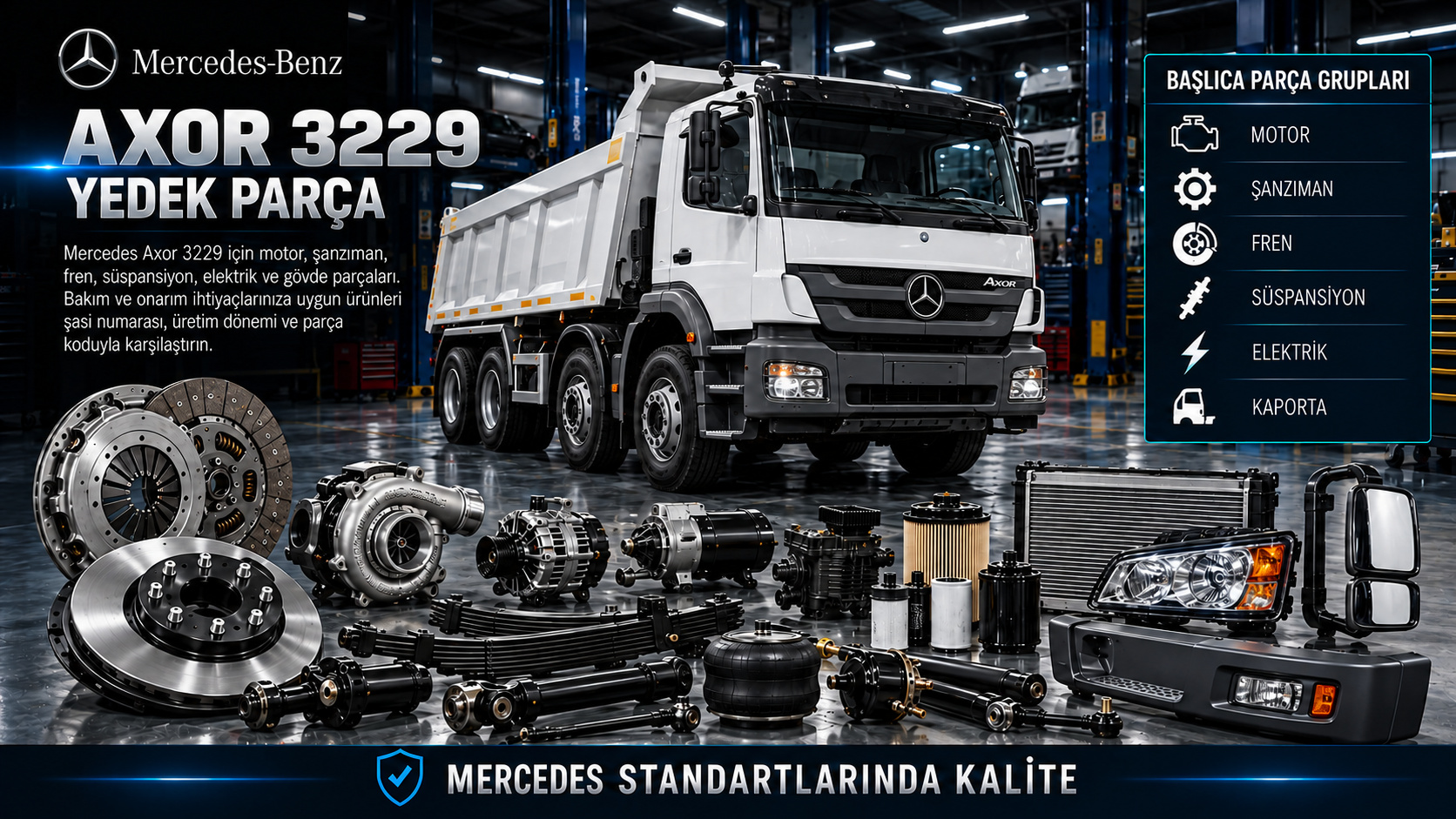 Mercedes Axor 3229 kamyon motor, debriyaj, fren ve aks bakım parçaları