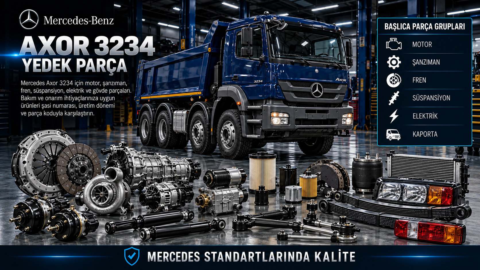 Mercedes Axor 3234 motor, hava fren, süspansiyon ve kabin bakım parçaları
