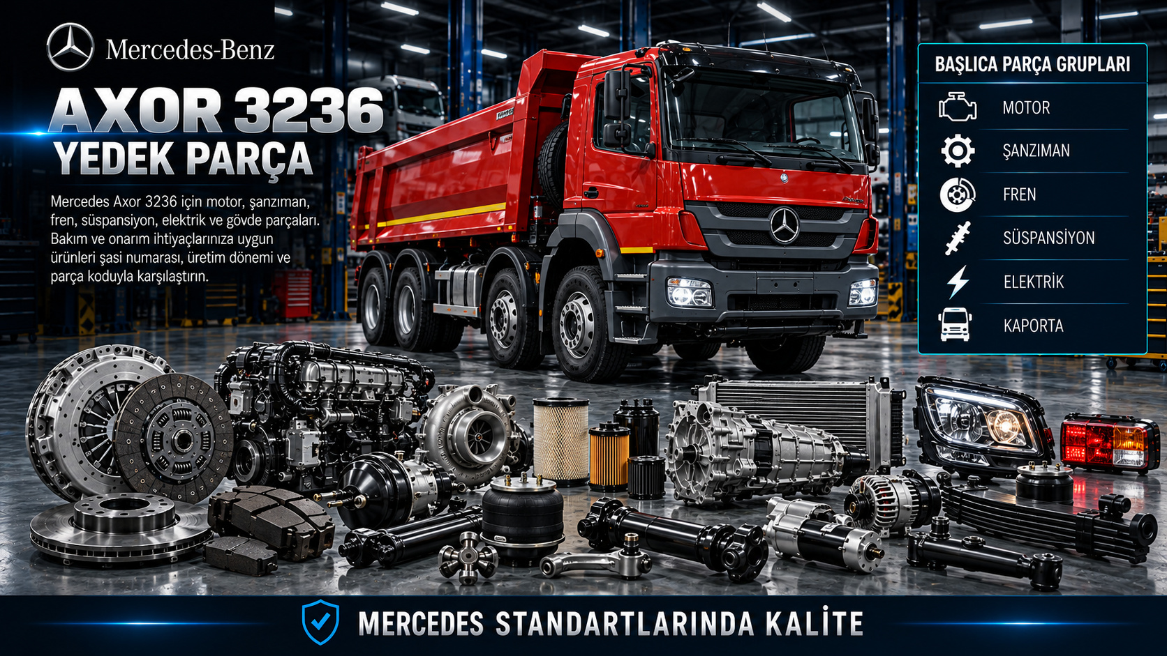 Mercedes Axor 3236 motor, aktarma, süspansiyon ve kabin yedek parçaları