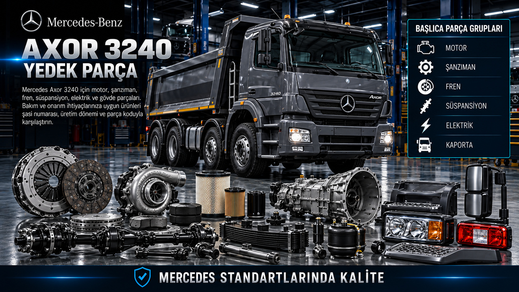 Mercedes Axor 3240 ağır ticari motor, soğutma, aktarma ve şasi parçaları