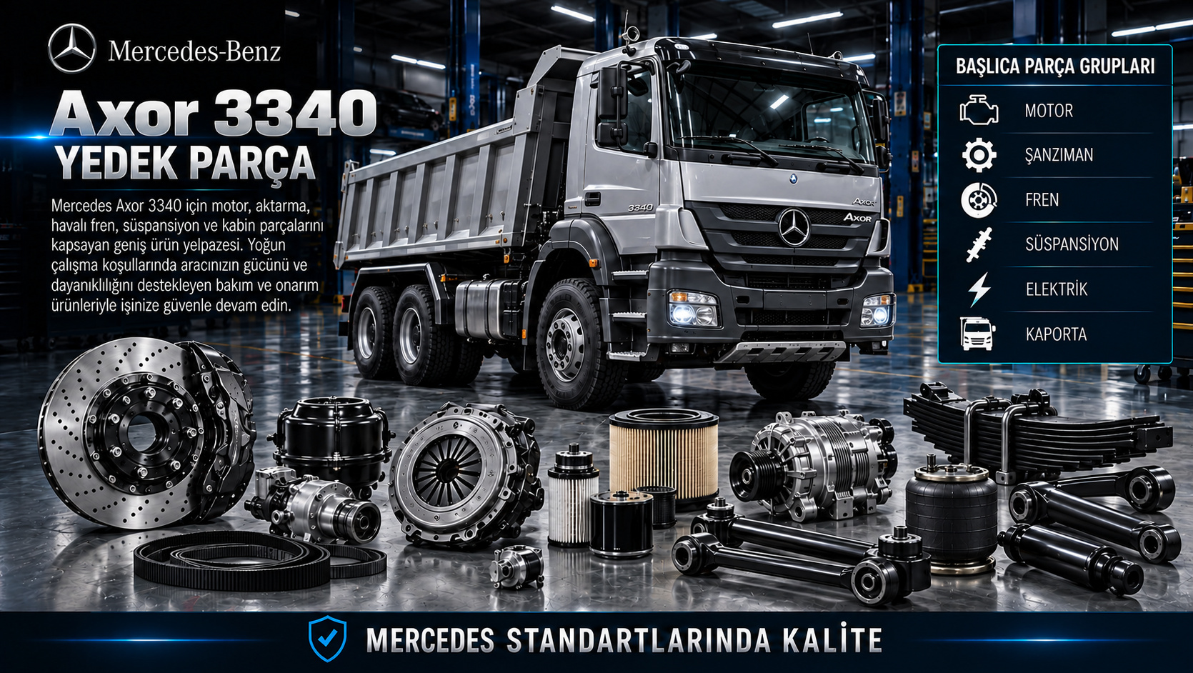 Mercedes Axor 3340 Yedek Parça: motor, aktarma, fren, süspansiyon ve gövde parçaları
