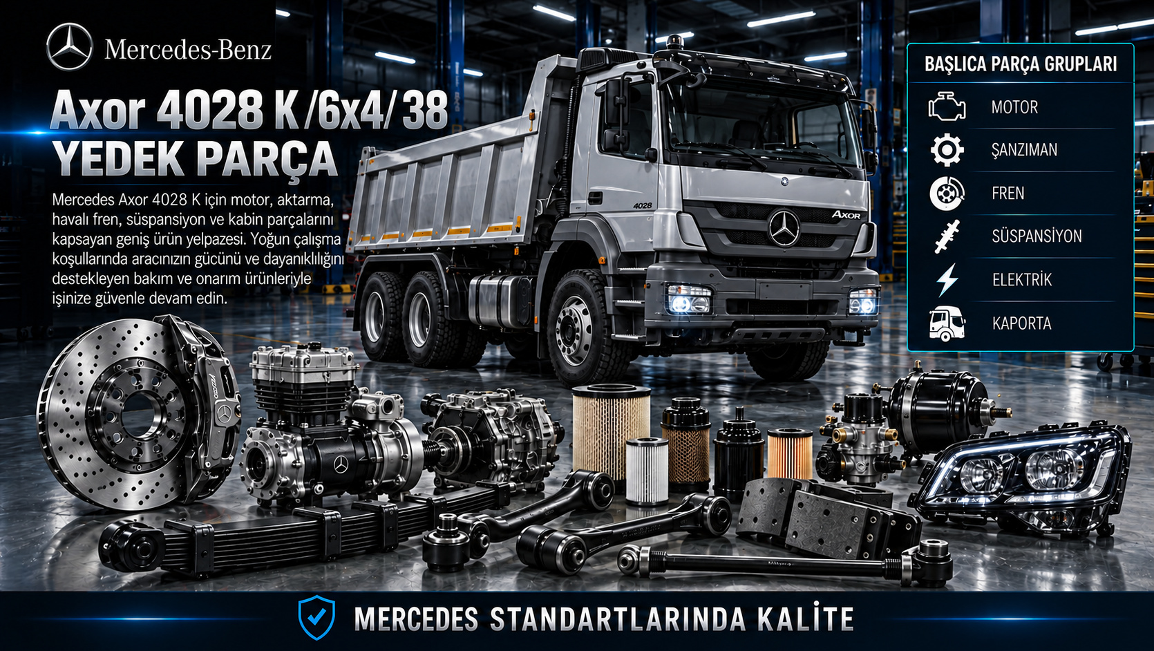 Mercedes Axor 4028 K /6x4/ 38 Yedek Parça: motor, aktarma, fren, süspansiyon ve gövde parçaları
