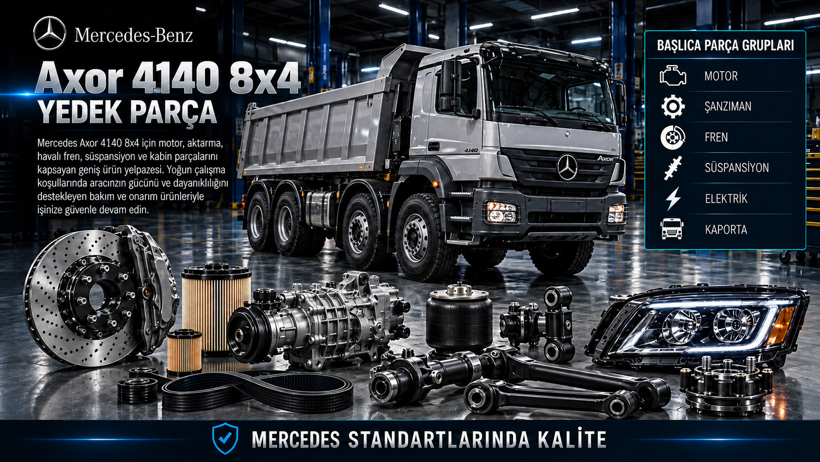 Mercedes Axor 4140 8x4 Yedek Parça: motor, aktarma, fren, süspansiyon ve gövde parçaları