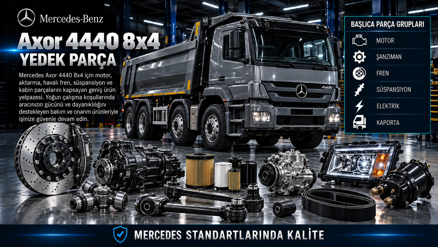 Mercedes Axor 4440 8x4 Yedek Parça: motor, aktarma, fren, süspansiyon ve gövde parçaları