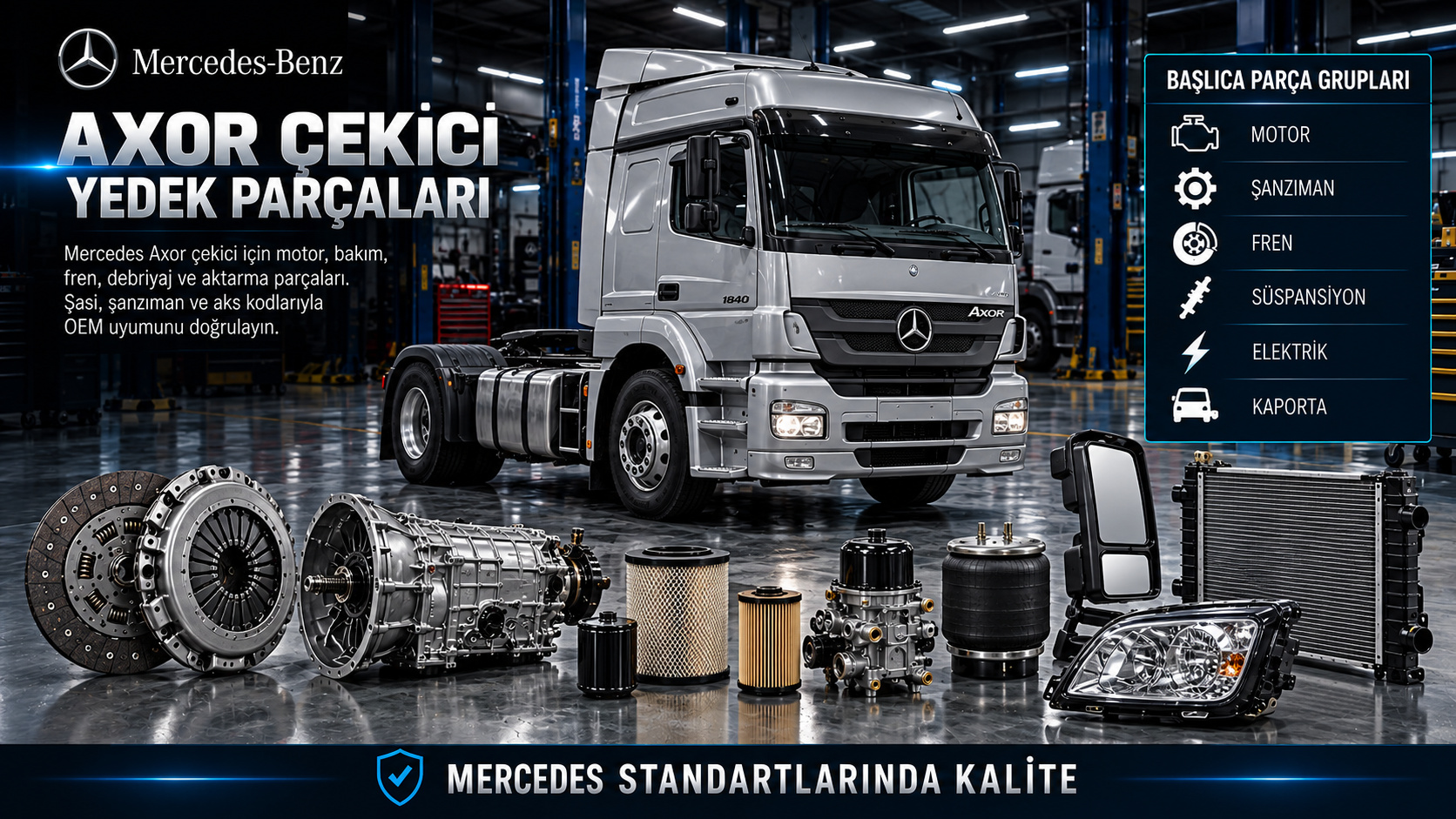 Mercedes-Benz Axor çekici ve yedek parça gruplarını gösteren kategori görseli