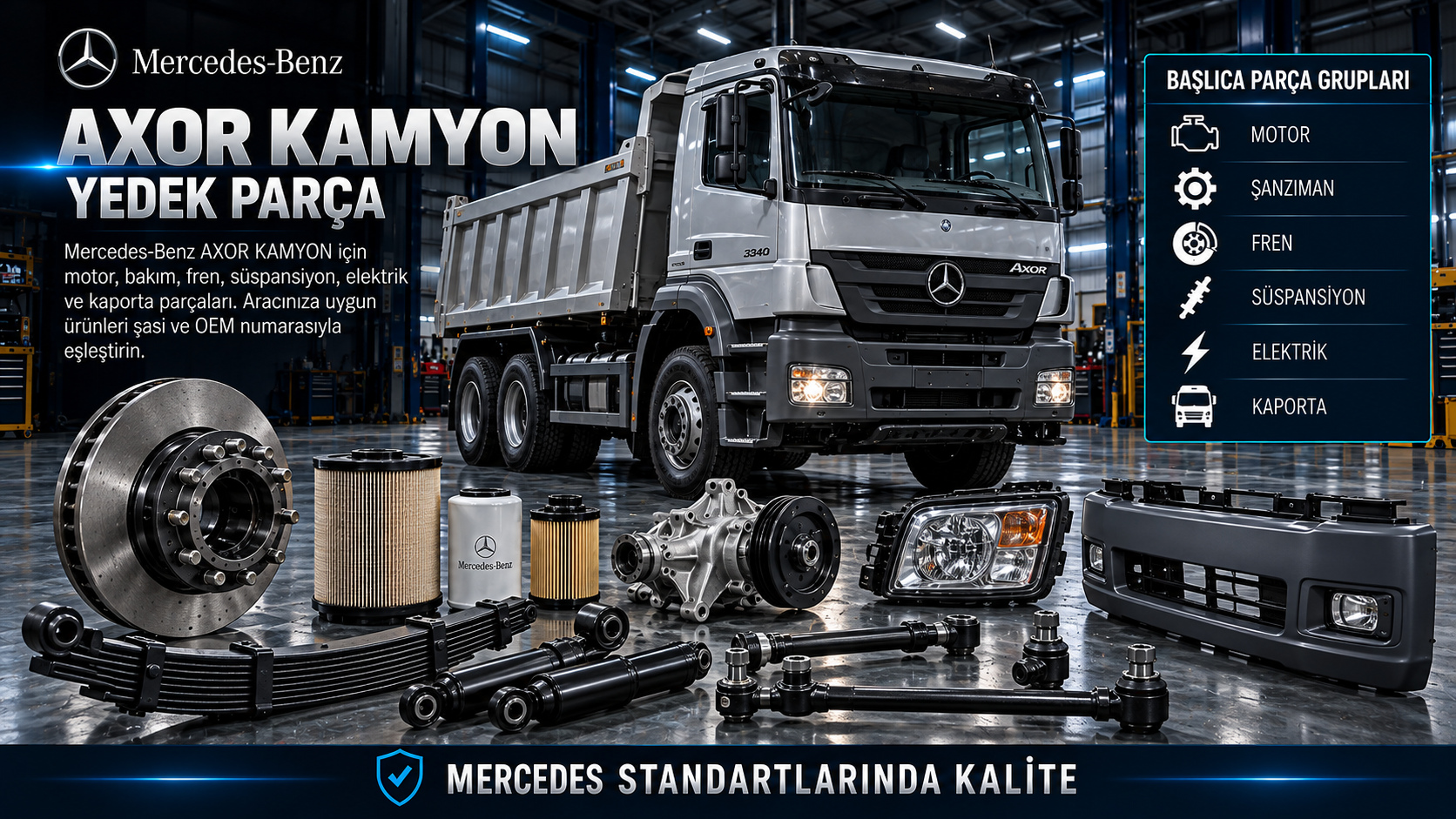 Mercedes-Benz Axor kamyon için motor bakım, debriyaj, aktarma, havalı fren ve kabin parçaları
