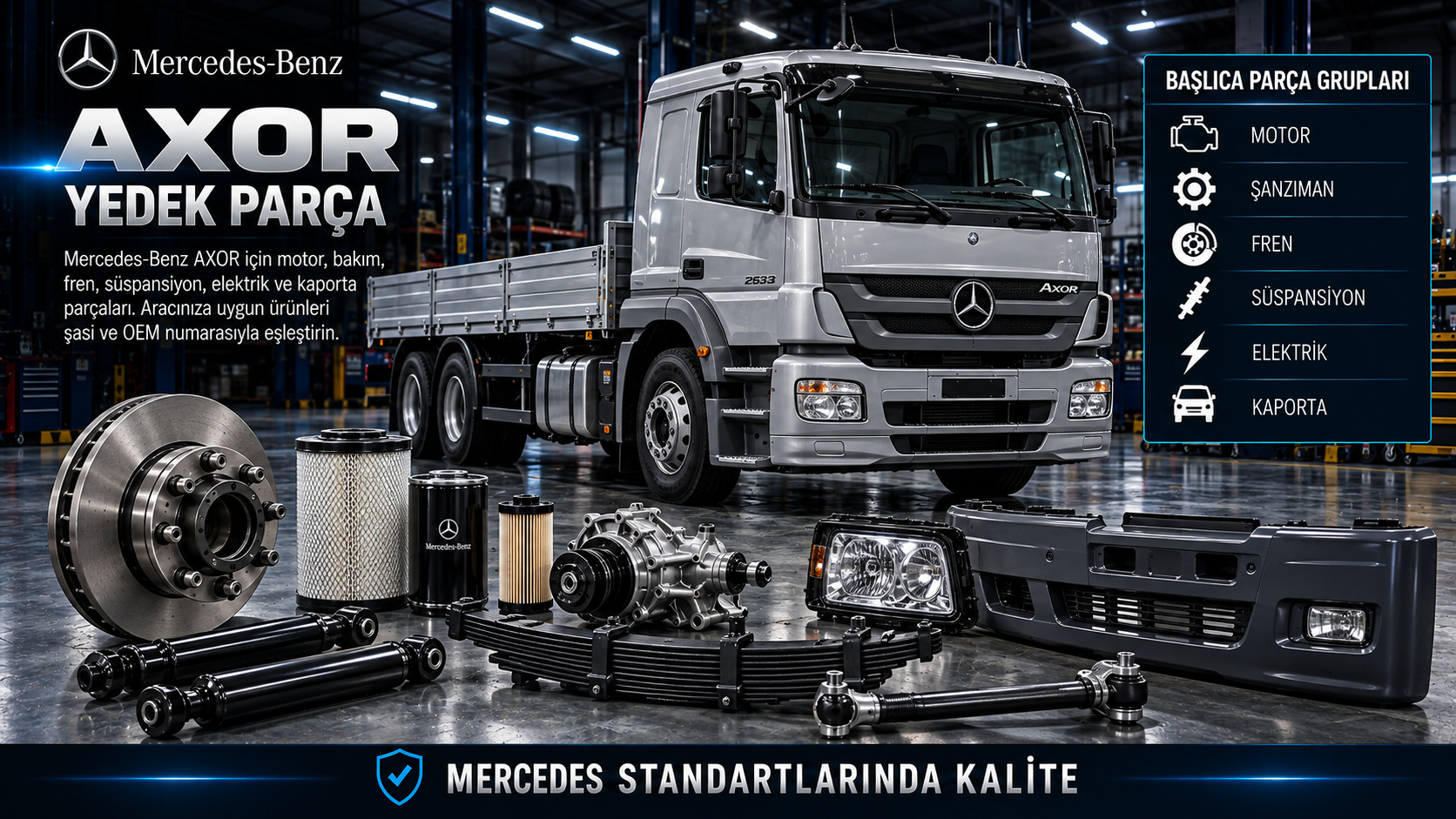 Mercedes-Benz Axor için kasa koduna göre motor, aktarma, havalı fren ve kamyon kabin parçaları