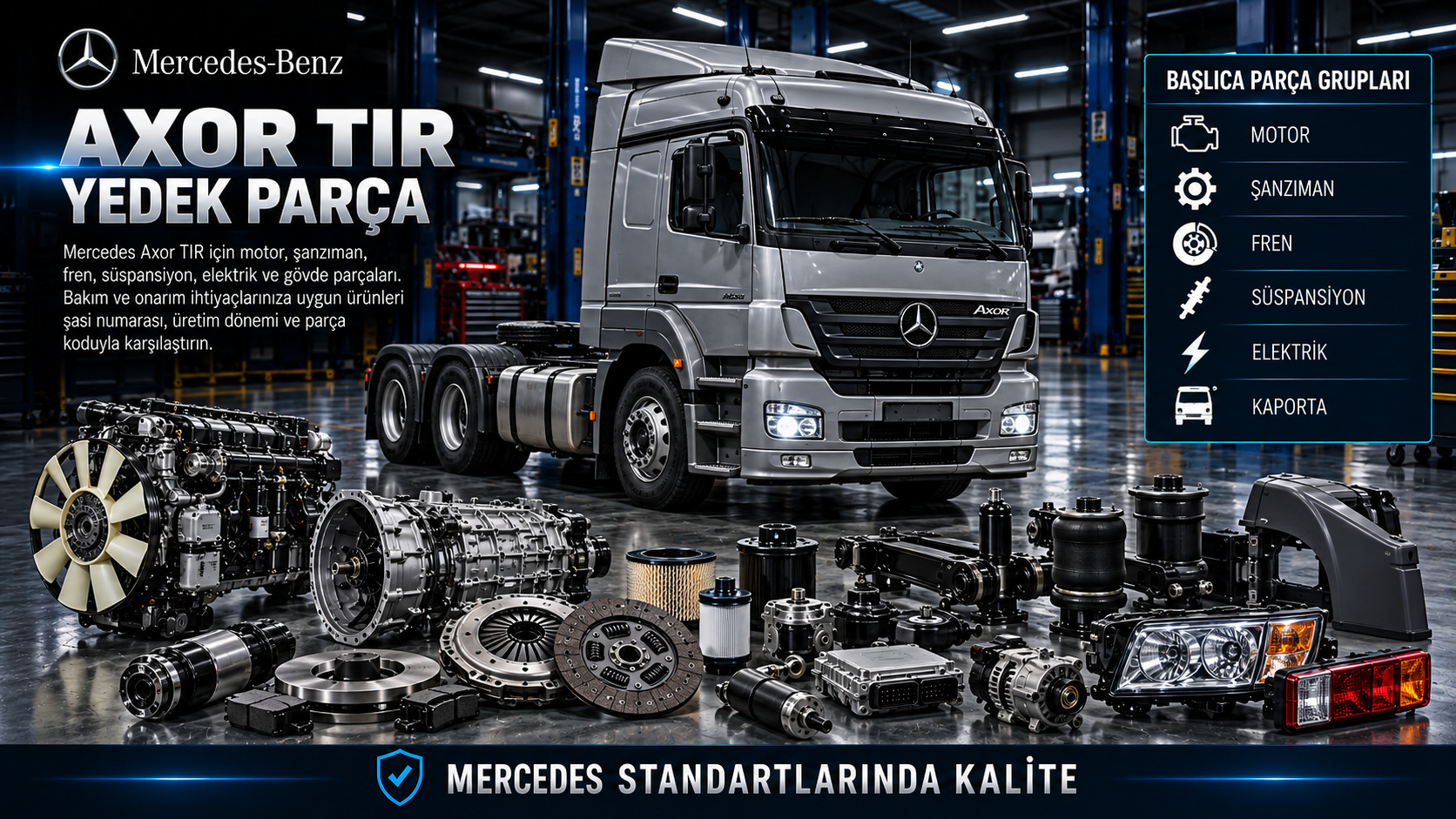 Mercedes Axor çekici için motor, hava fren, şanzıman ve kabin parçaları