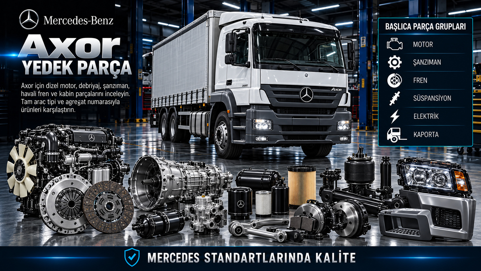 Mercedes Axor Yedek Parça: motor, aktarma, fren, süspansiyon ve gövde parçaları