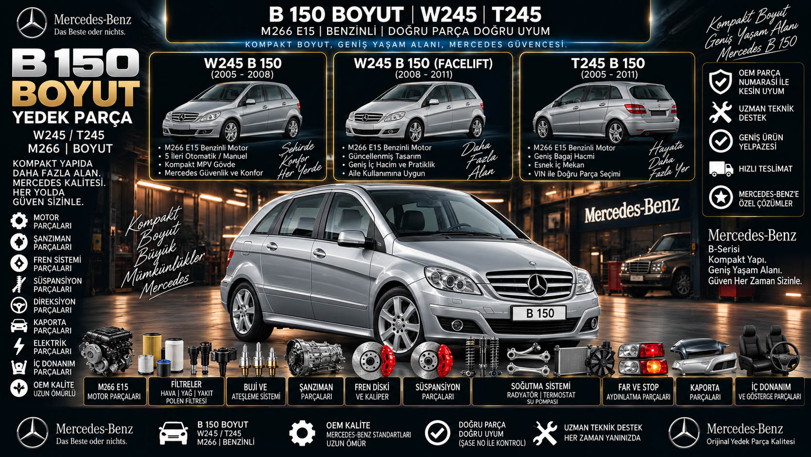 Mercedes-Benz B 150 Boyut Yedek Parça: araç ve ilgili parça grupları