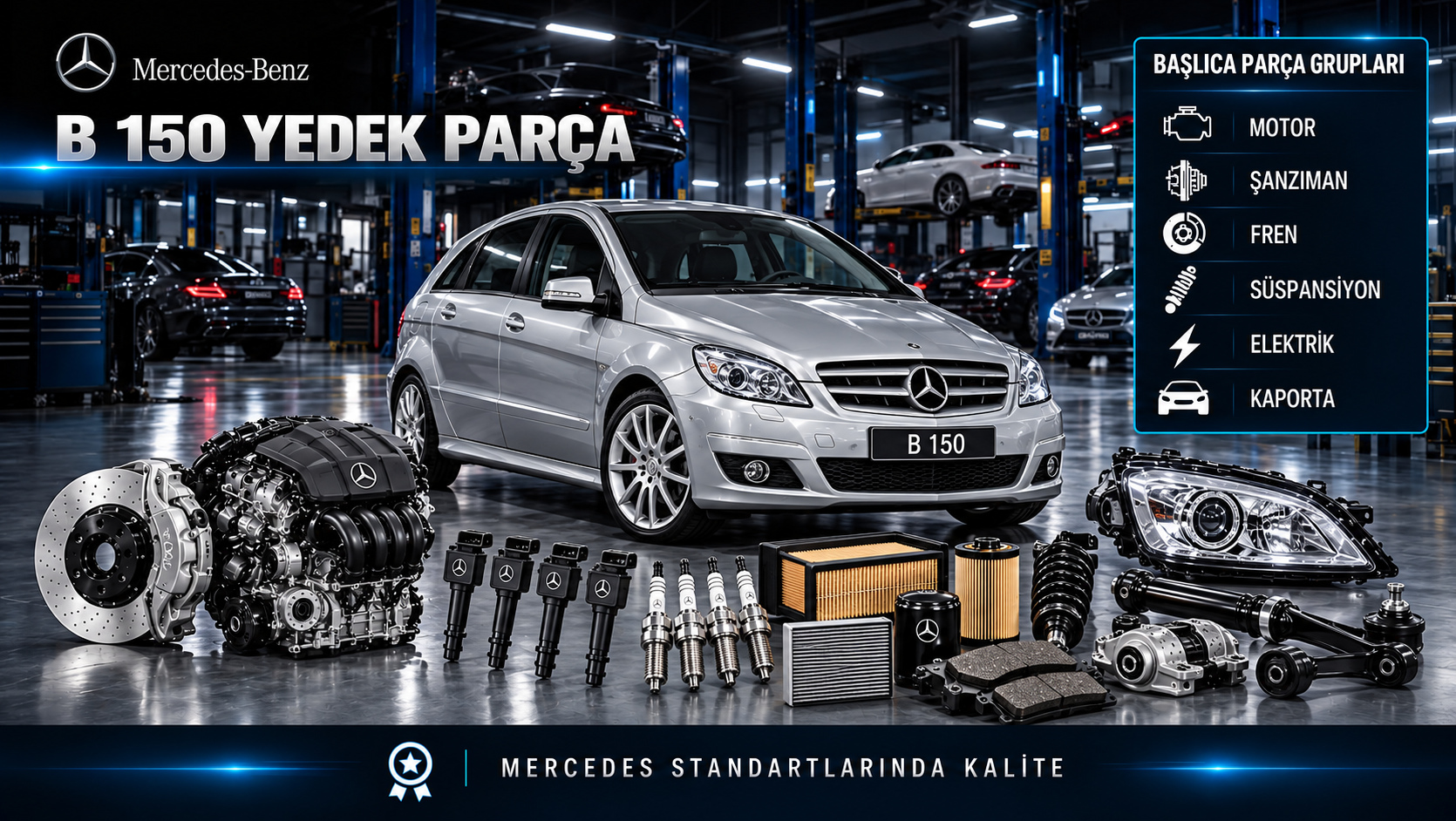 Mercedes-Benz B 150 için benzinli motor, buji, ateşleme bobini, filtre, fren ve gövde parçalarını gösteren kategori görseli