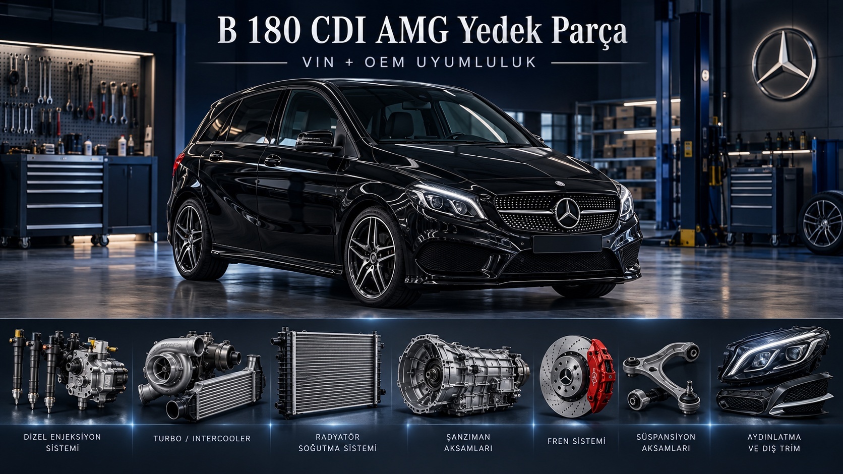 Mercedes B 180 CDI AMG donanımı ve performans görünümlü parça gruplarını gösteren kategori görseli
