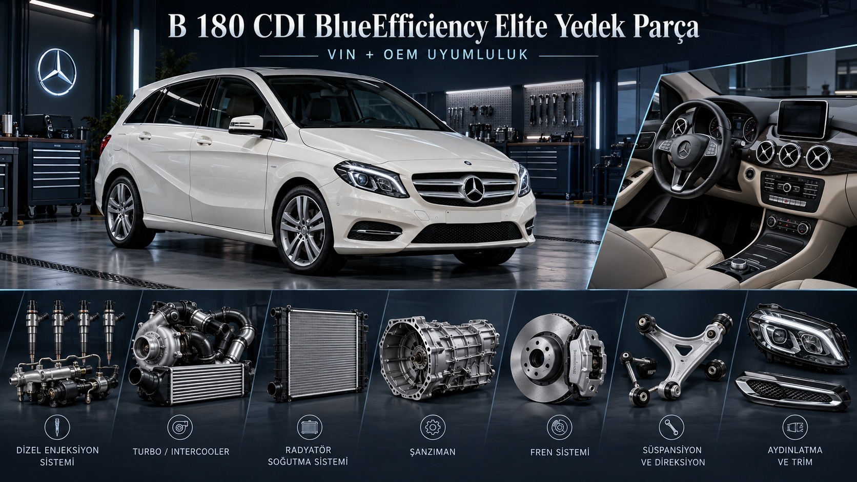 Mercedes B 180 CDI BlueEfficiency Elite aracı ve dizel motor parçalarını gösteren kategori görseli