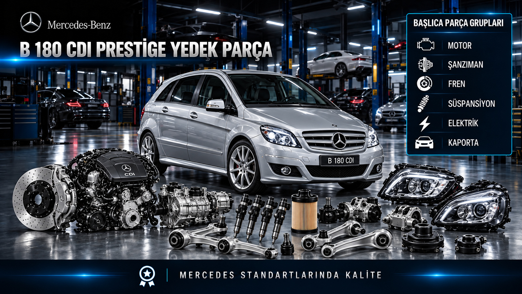 Mercedes-Benz B 180 CDI Prestige için dizel motor, yakıt, bakım, fren, süspansiyon ve konfor parçalarını gösteren kategori görseli