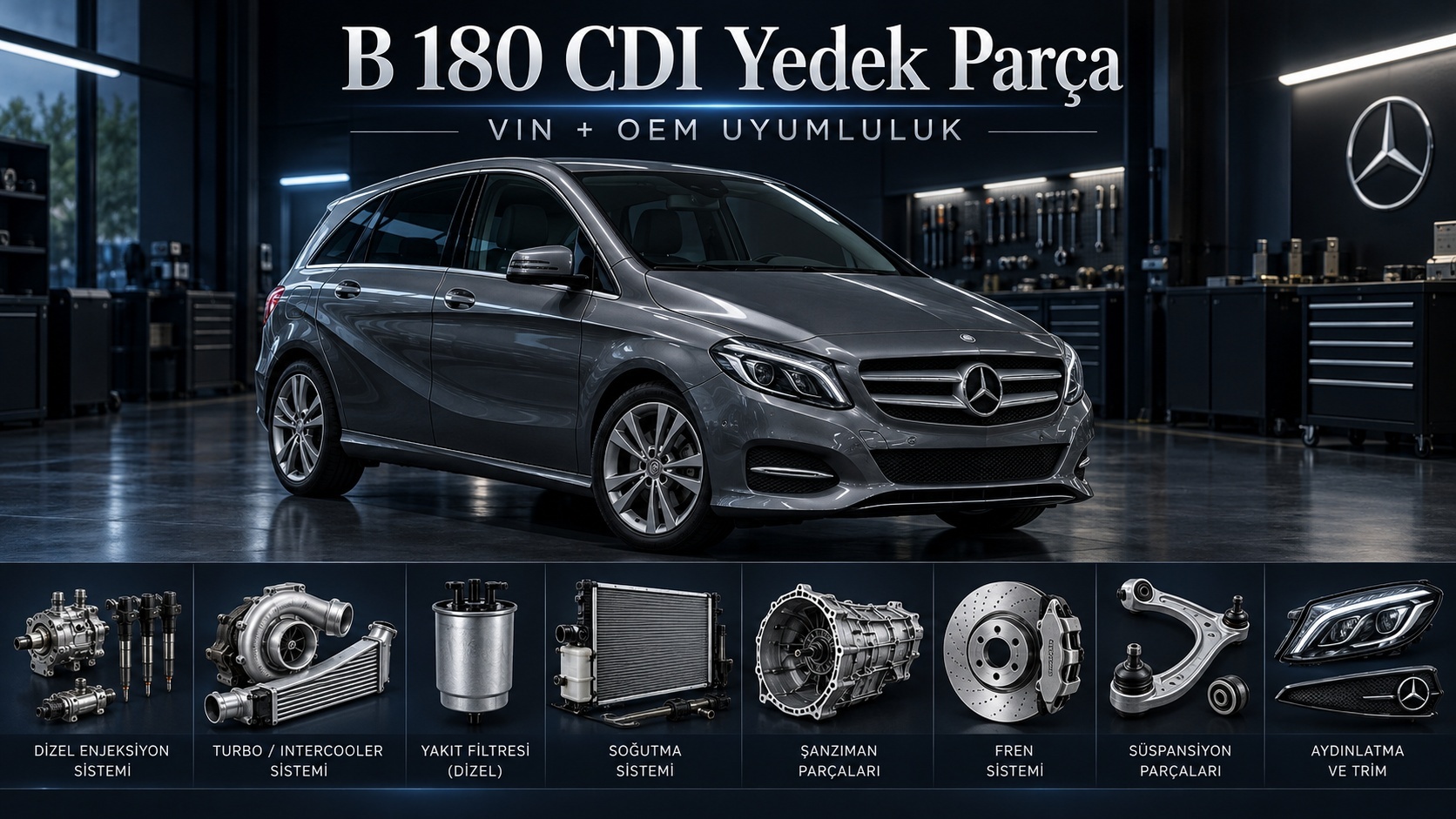 Mercedes B 180 CDI dizel aracı ve yakıt, turbo, filtre parçalarını gösteren kategori görseli