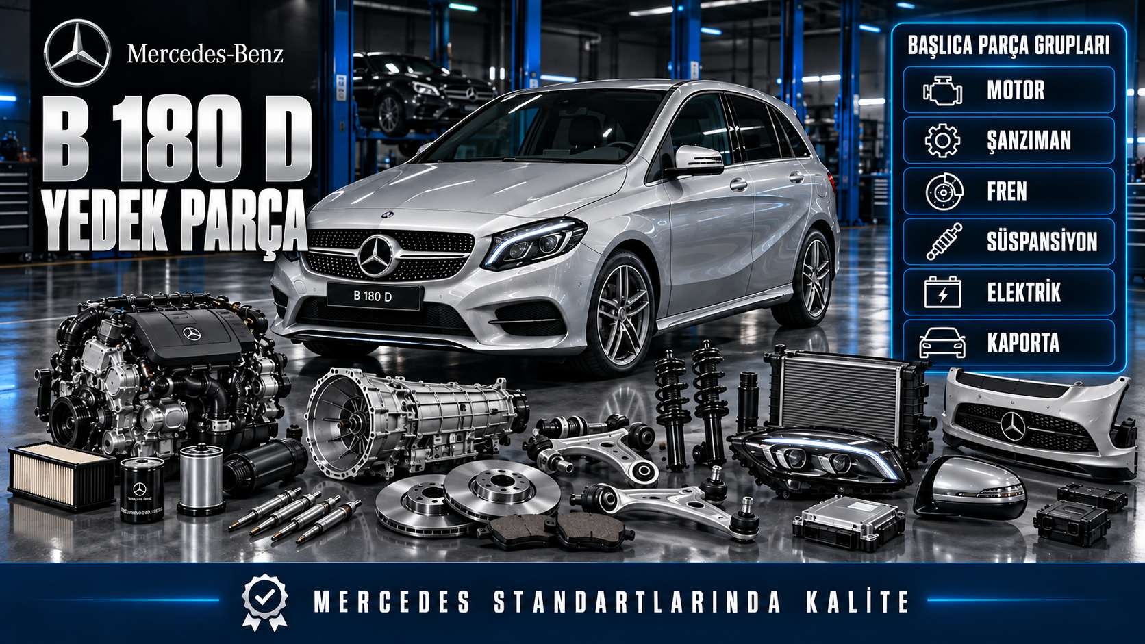 Mercedes B 180 D dizel bakım, fren, yürüyen aksam ve gövde yedek parçaları