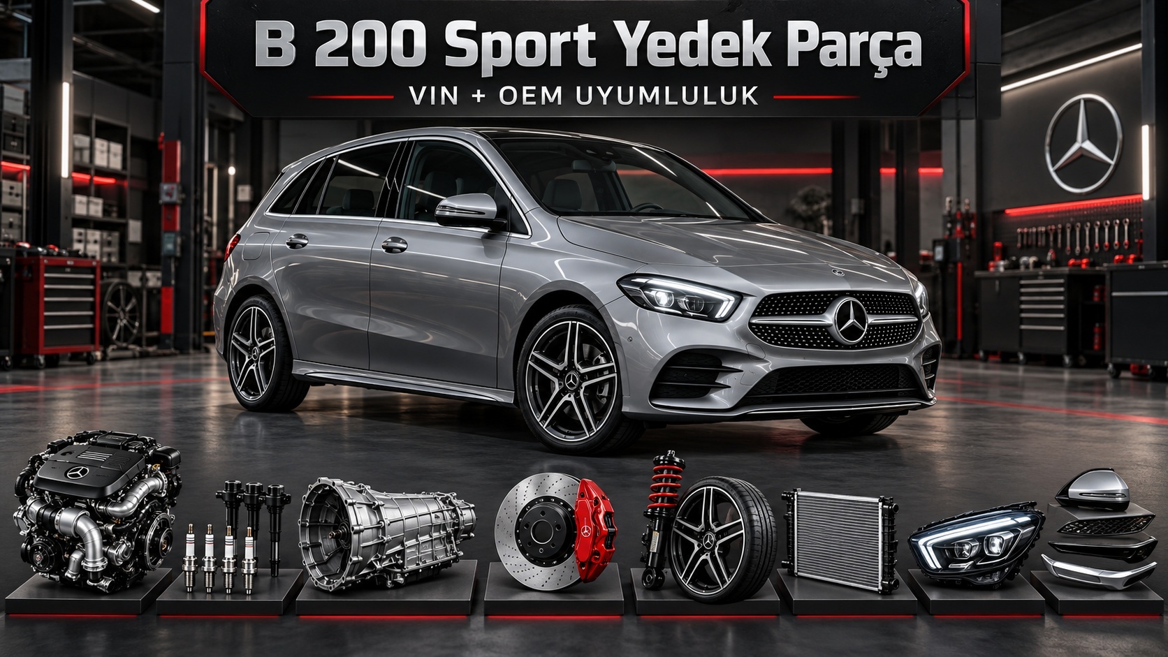 Mercedes B 200 Sport aracı ve fren, süspansiyon ile bakım parçalarını gösteren kategori görseli