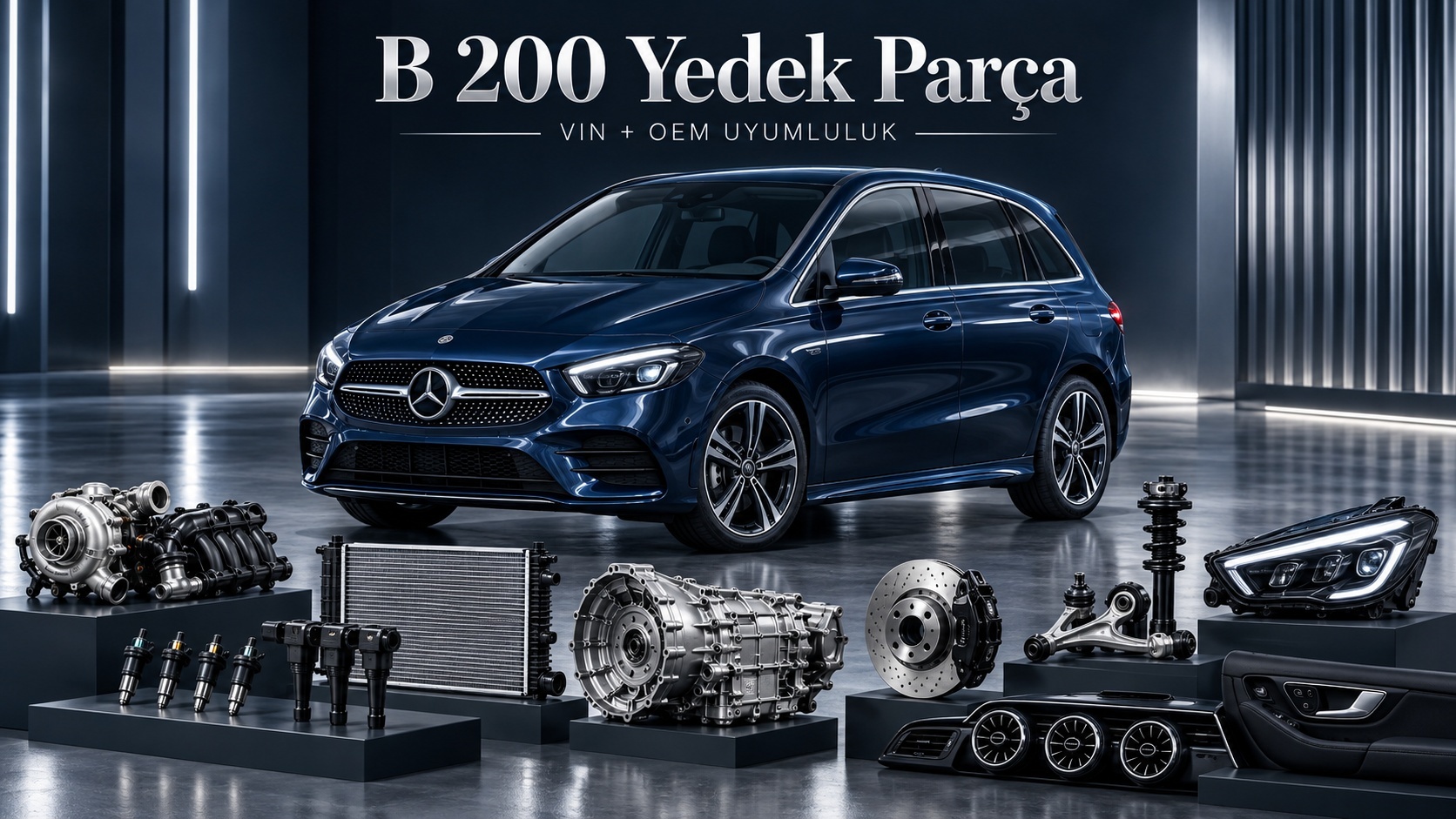 Mercedes B 200 aracı ve motor, fren, soğutma yedek parça grupları