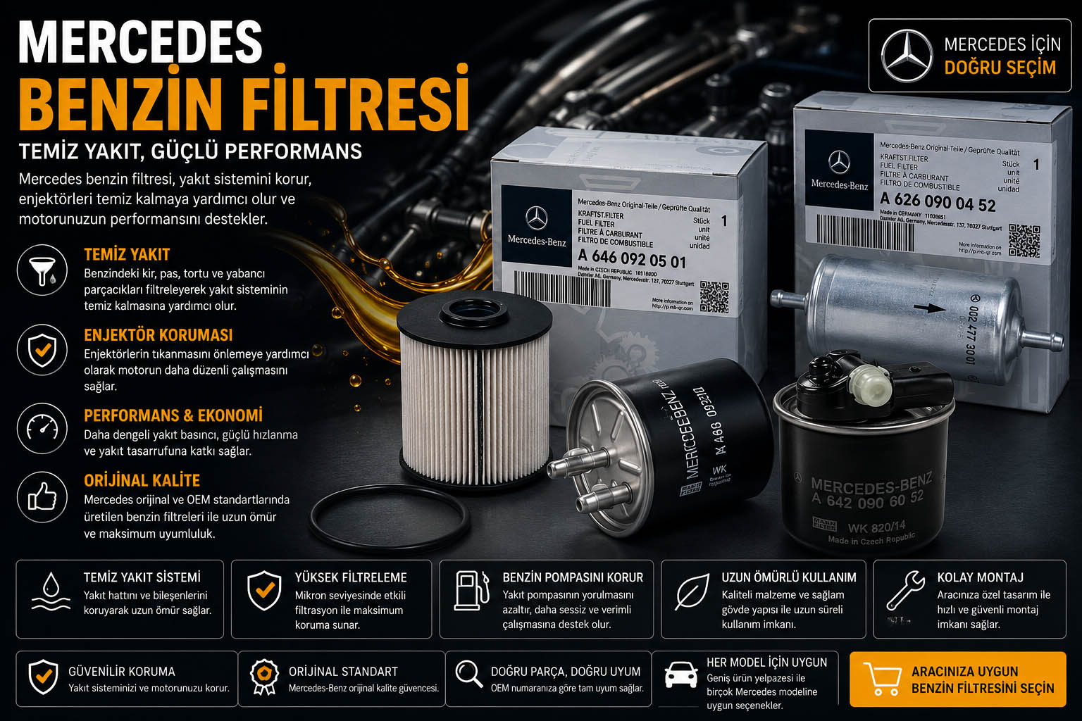 Mercedes benzin filtresi ve benzin yakıt filtresi çeşitleri