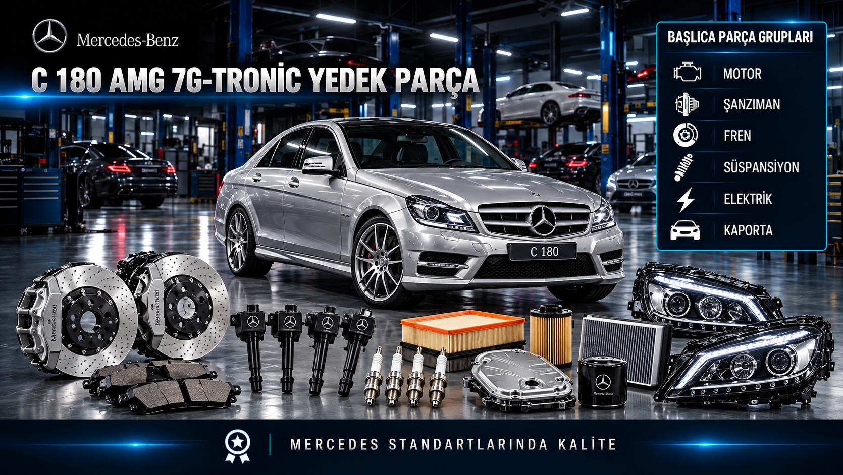 Mercedes-Benz C 180 AMG 7G-Tronic için benzinli motor, ateşleme, otomatik şanzıman, fren ve AMG donanım parçalarını gösteren kategori görseli