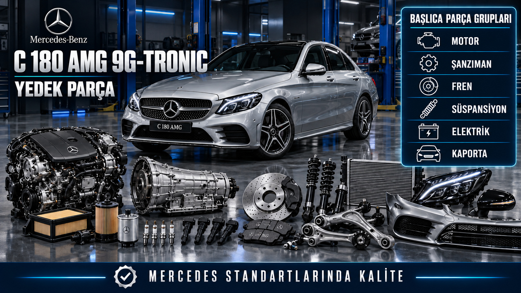 Mercedes C 180 AMG 9G-Tronic motor, otomatik şanzıman, fren ve gövde parçaları