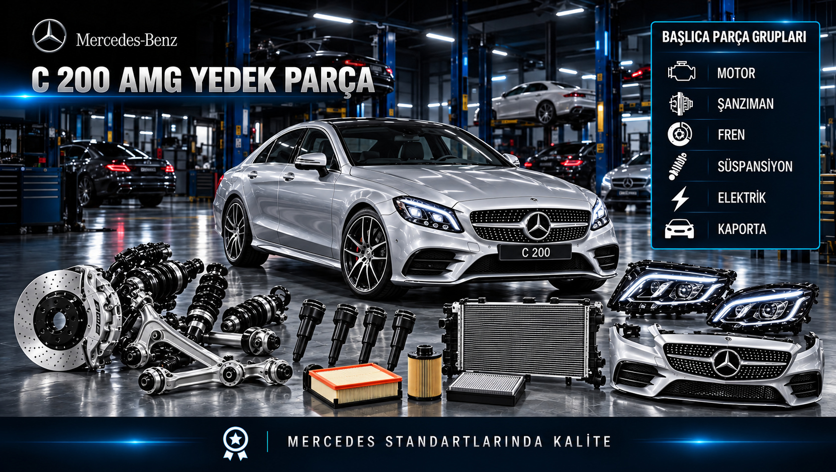 Mercedes-Benz C 200 AMG için motor, ateşleme, bakım, fren, süspansiyon ve AMG gövde parçalarını gösteren kategori görseli