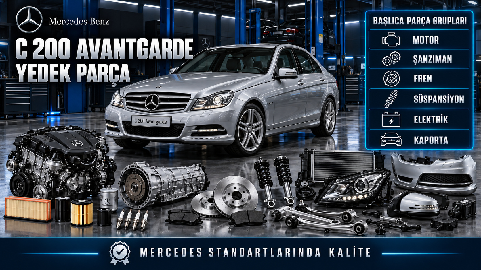 Mercedes C 200 Avantgarde motor bakım, fren, süspansiyon ve karoser parçaları