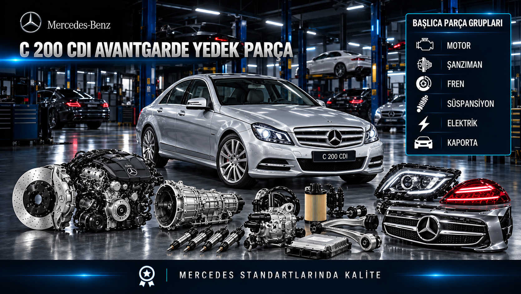 Mercedes-Benz C 200 CDI Avantgarde için dizel motor, yakıt, filtre, fren, süspansiyon ve donanım parçalarını gösteren kategori görseli