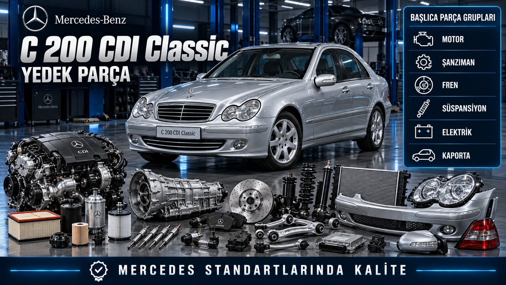 Mercedes C 200 CDI Classic dizel motor, filtre, fren ve süspansiyon parçaları
