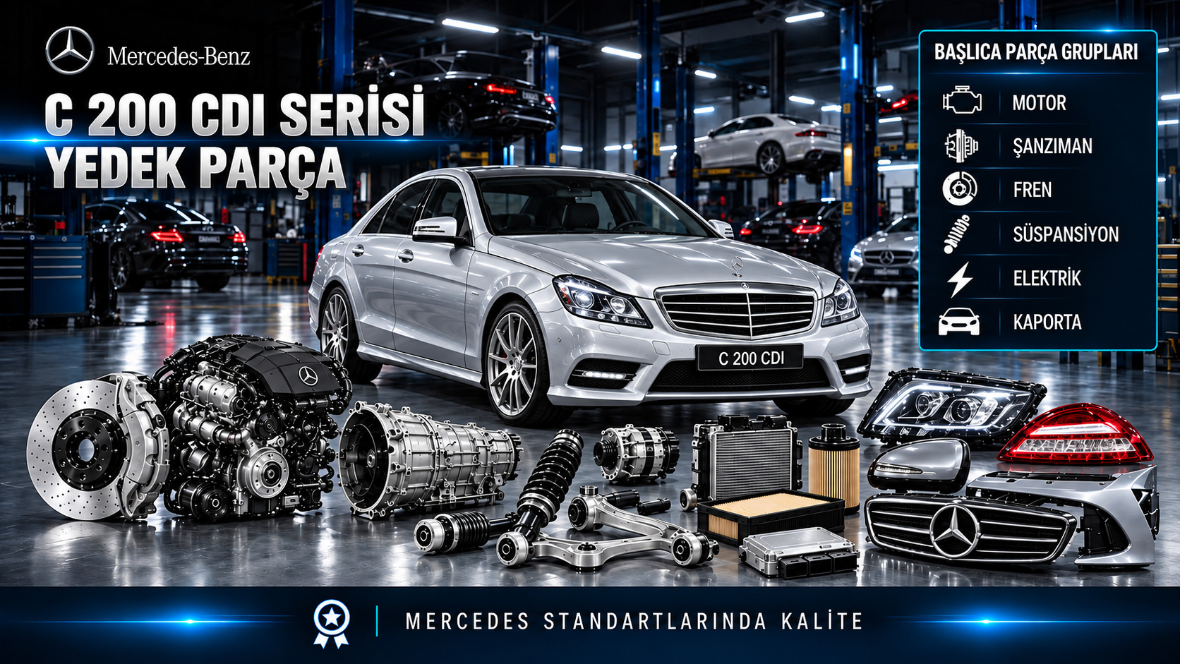 Mercedes C 200 CDI için kategoriye uygun tahrik, bakım, fren, süspansiyon ve gövde parçaları