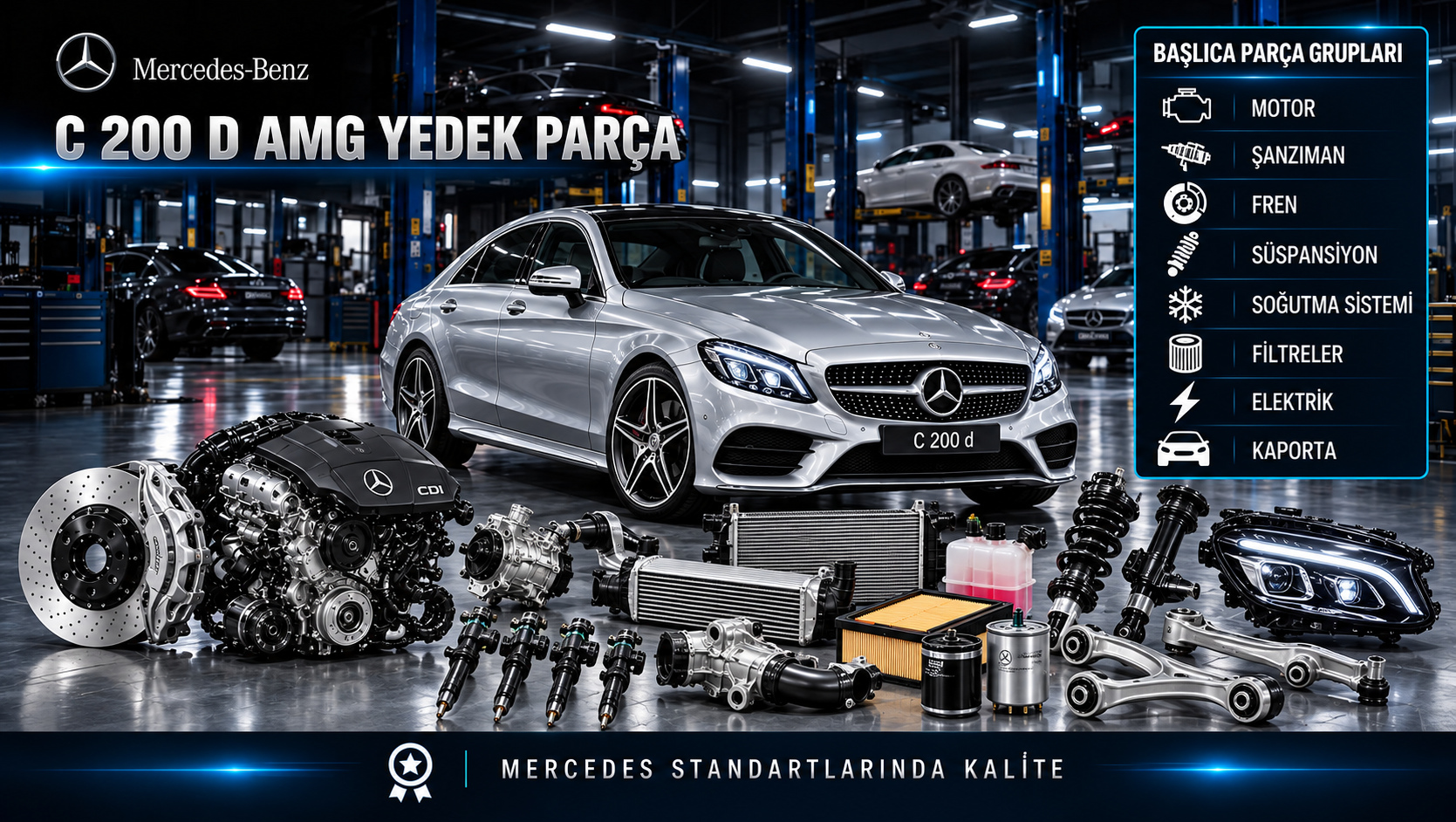 Mercedes-Benz C 200 D AMG için dizel motor, yakıt, bakım, soğutma, fren ve AMG gövde parçalarını gösteren kategori görseli