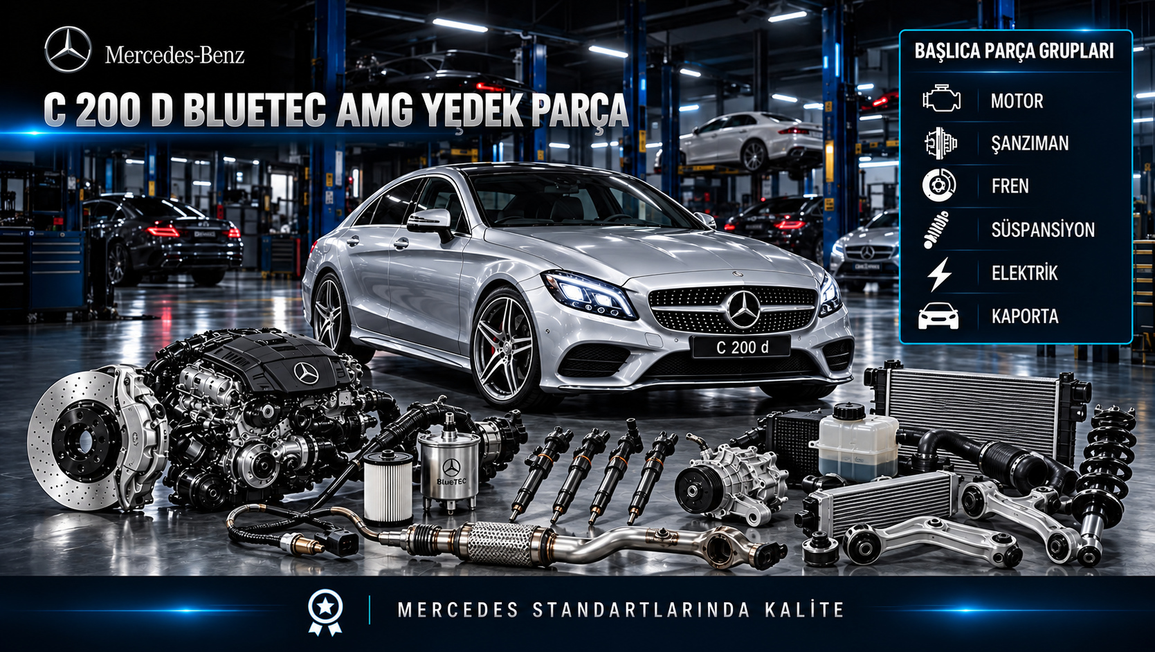 Mercedes-Benz C 200 d BlueTEC AMG için dizel motor, emisyon, yakıt, bakım, fren ve AMG gövde parçalarını gösteren kategori görseli