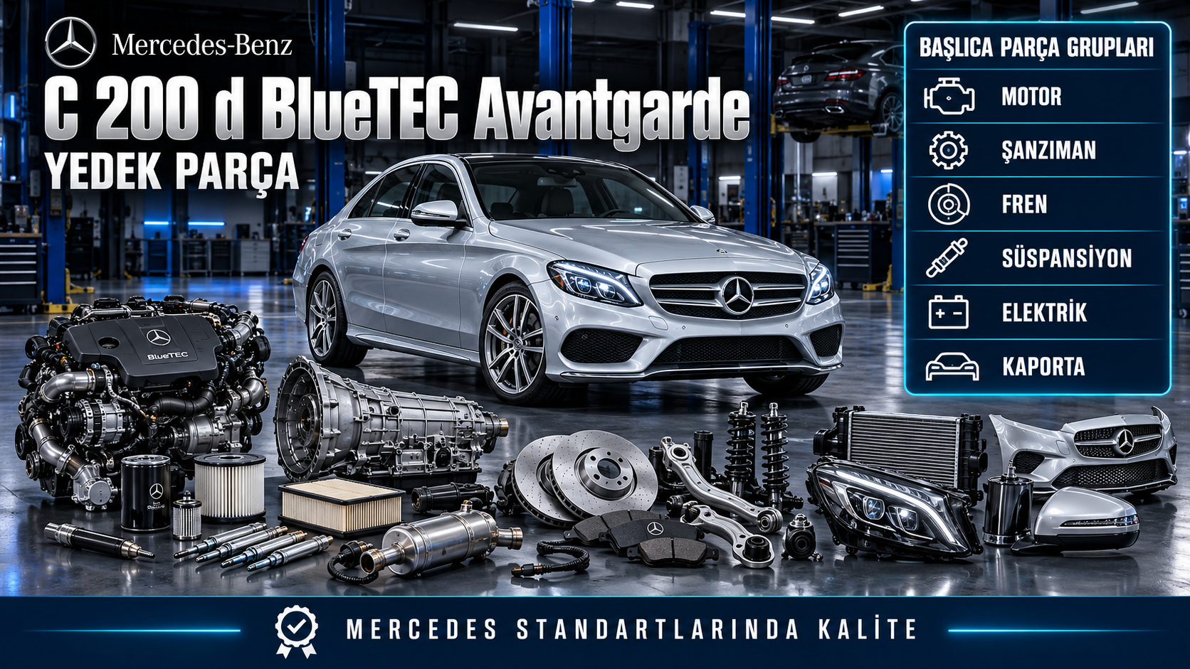 Mercedes C 200 d BlueTEC Avantgarde dizel motor, bakım, fren ve elektrik parçaları