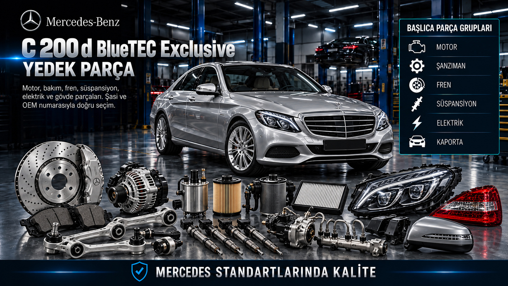 Mercedes C 200 d BlueTEC Exclusive dizel motor, egzoz arıtma, şanzıman, fren ve gövde yedek parçaları
