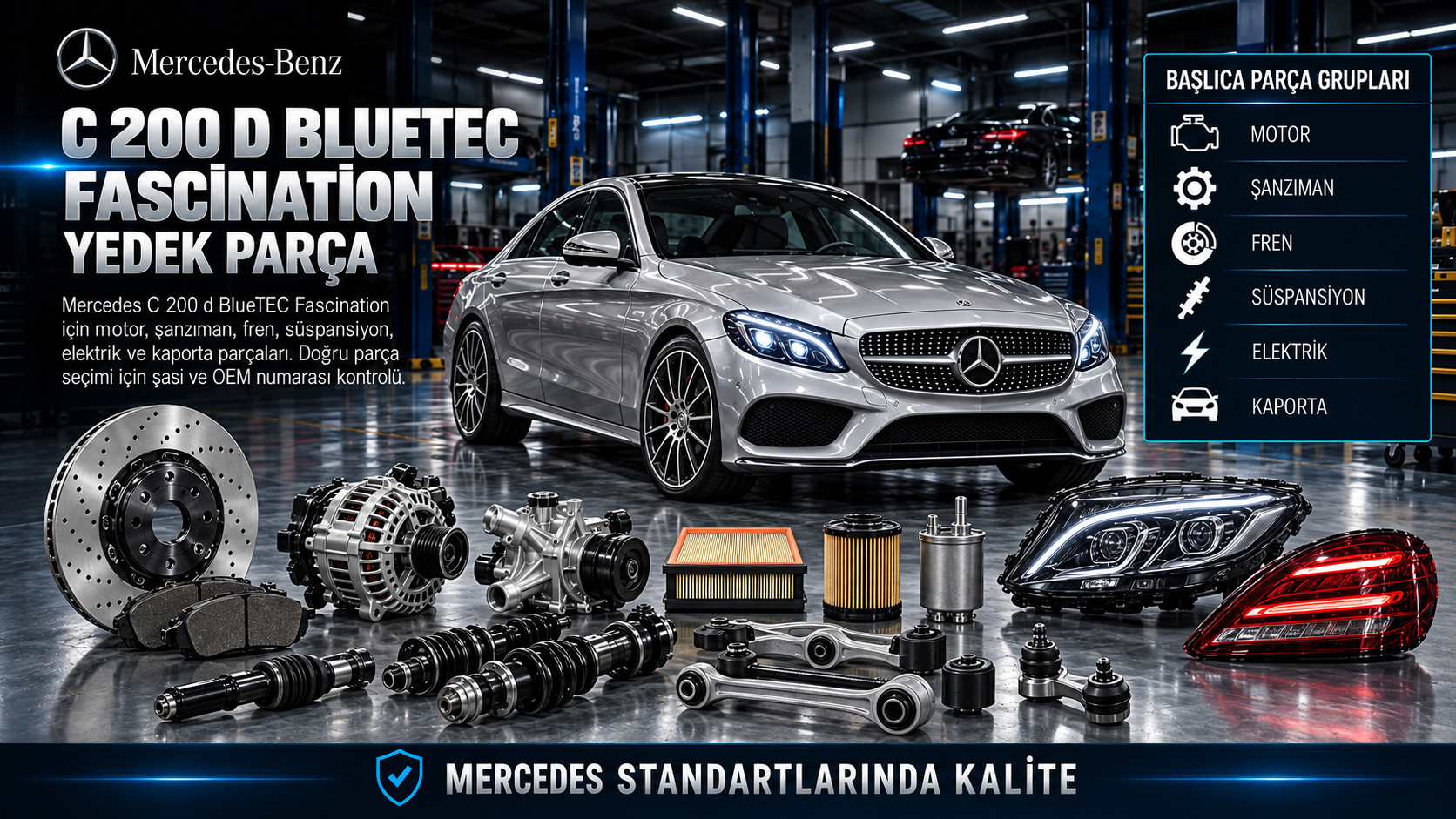Mercedes C 200 d BlueTEC Fascination motor, sensör, fren ve süspansiyon parçaları