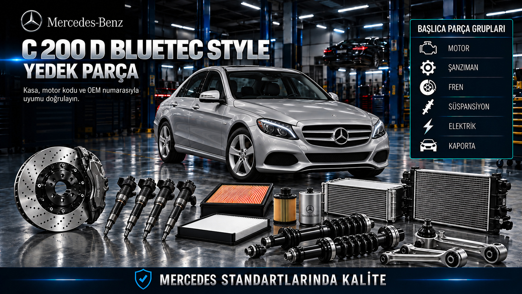 Mercedes C 200 d BlueTEC Style dizel motor, emisyon sistemi, fren, süspansiyon ve gövde parçaları