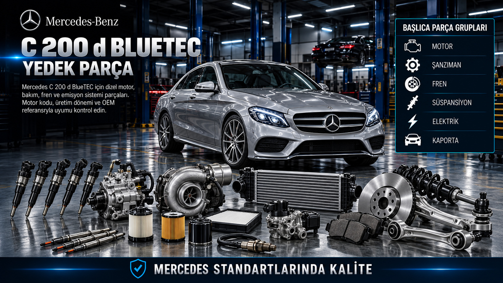 Mercedes-Benz C 200 d BlueTEC ve dizel yedek parça gruplarını gösteren kategori görseli