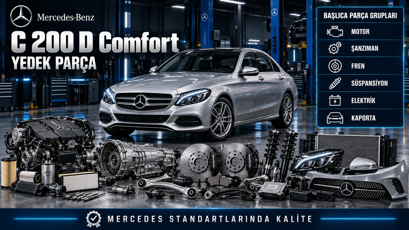 Mercedes C 200 D Comfort dizel bakım, fren, yürüyen aksam ve kabin parçaları