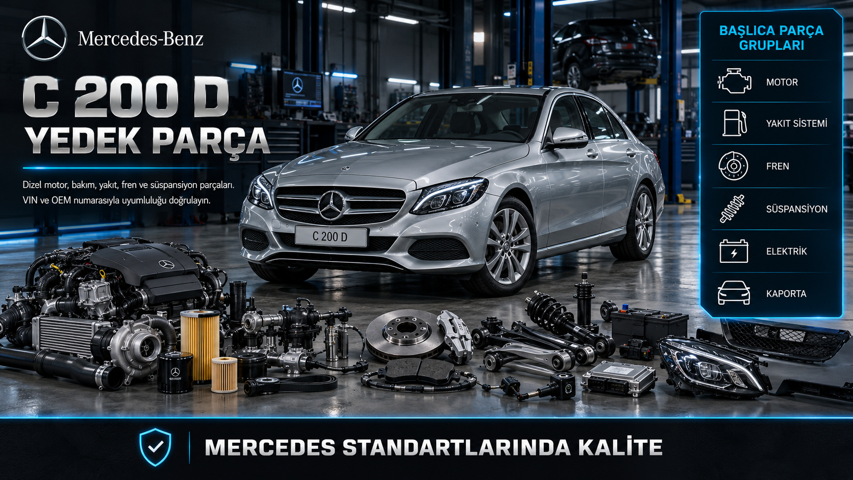 Mercedes-Benz C 200 D dizel motor, yakıt, bakım, fren ve süspansiyon parçaları