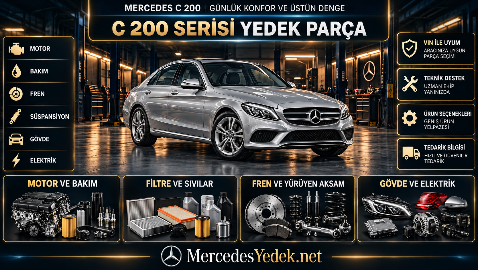 Mercedes-Benz C 200 Serisi yedek parça ve bakım ürünlerini gösteren kategori bannerı