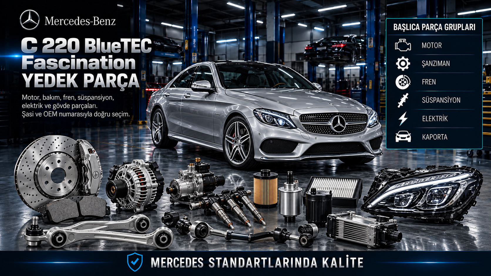 Mercedes C 220 BlueTEC Fascination dizel motor, emisyon, şanzıman, fren, süspansiyon ve aydınlatma parçaları