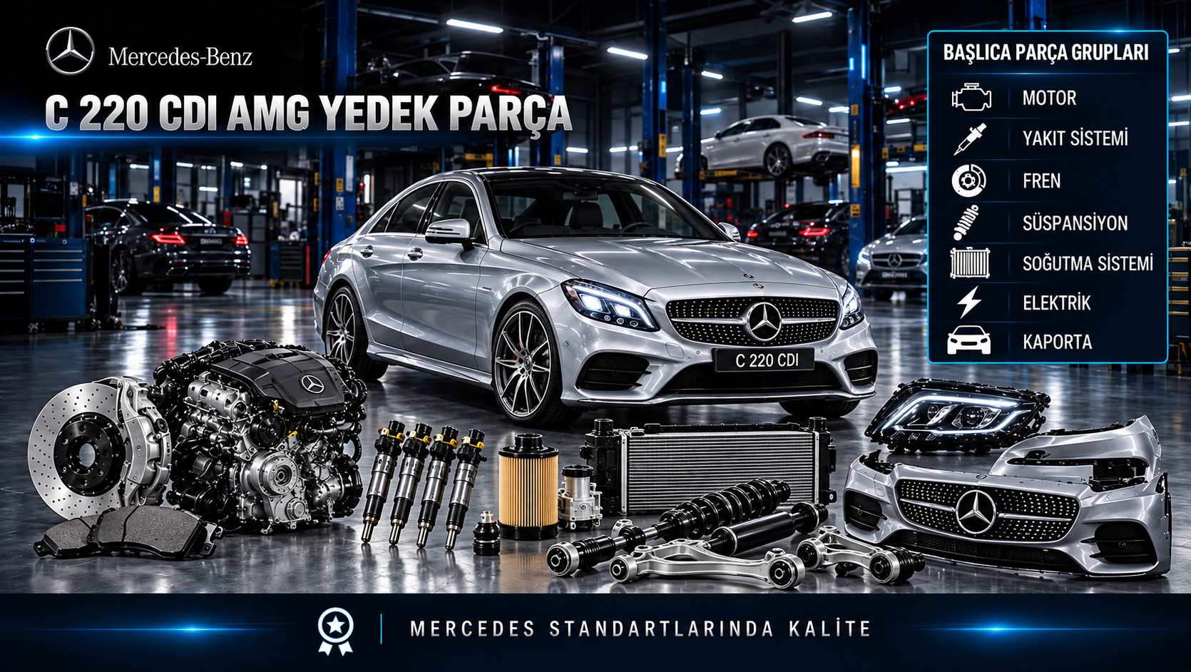 Mercedes-Benz C 220 CDI AMG için dizel motor, yakıt, bakım filtresi, soğutma, fren ve AMG gövde parçalarını gösteren kategori görseli