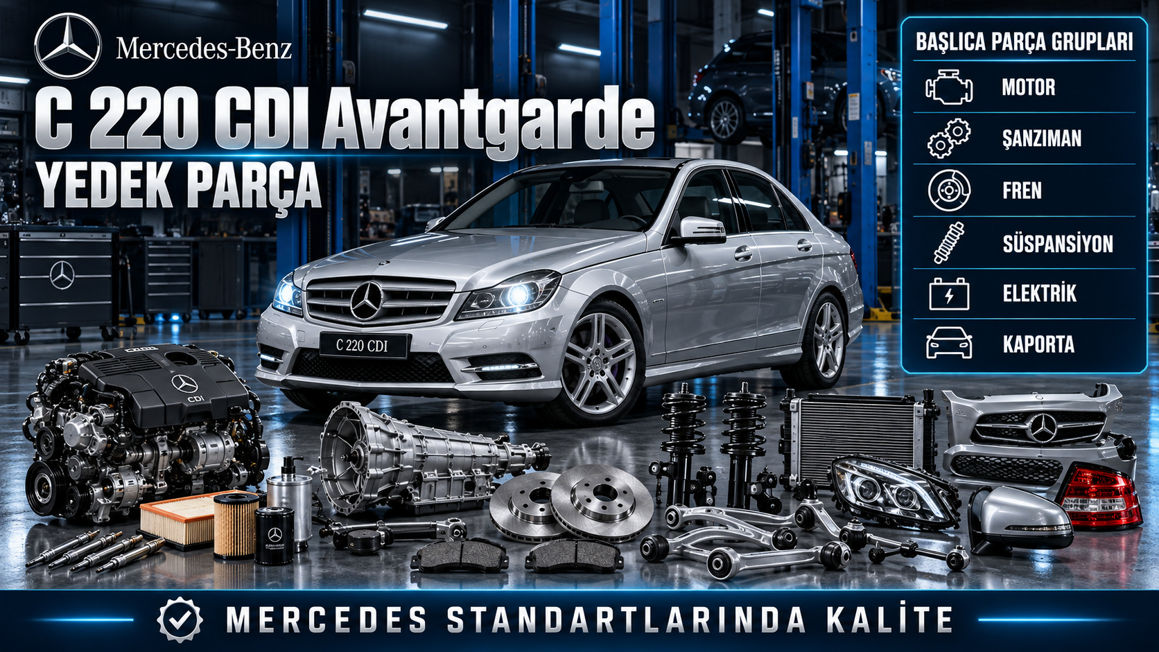 Mercedes C 220 CDI Avantgarde dizel motor, filtre, fren ve süspansiyon parçaları