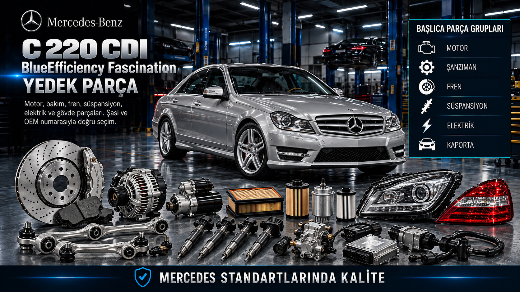 Mercedes C 220 CDI BlueEfficiency Fascination dizel motor, enjektör, şanzıman, fren, süspansiyon ve gövde parçaları