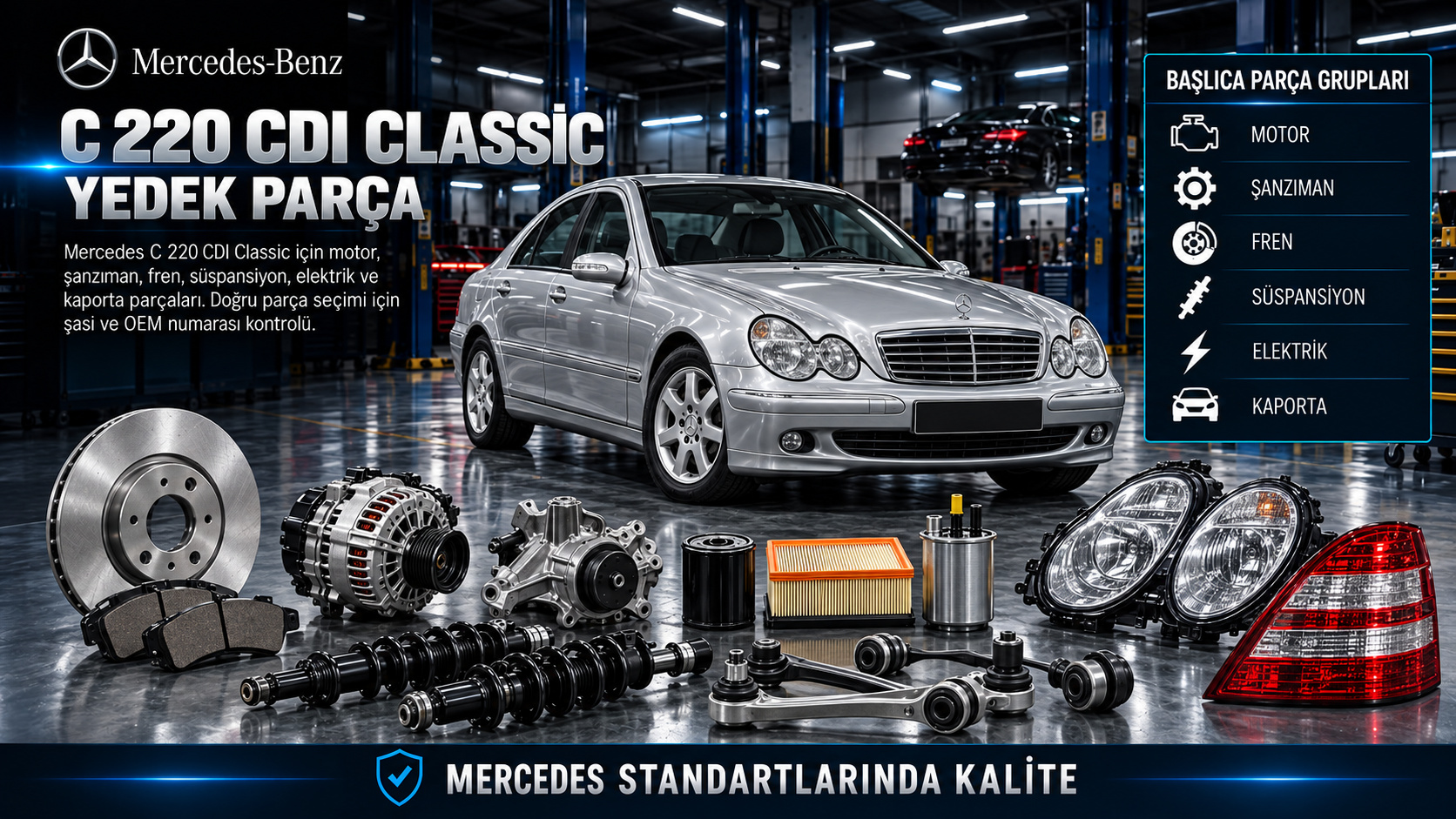 Mercedes C 220 CDI Classic motor, soğutma, fren ve ön takım parçaları