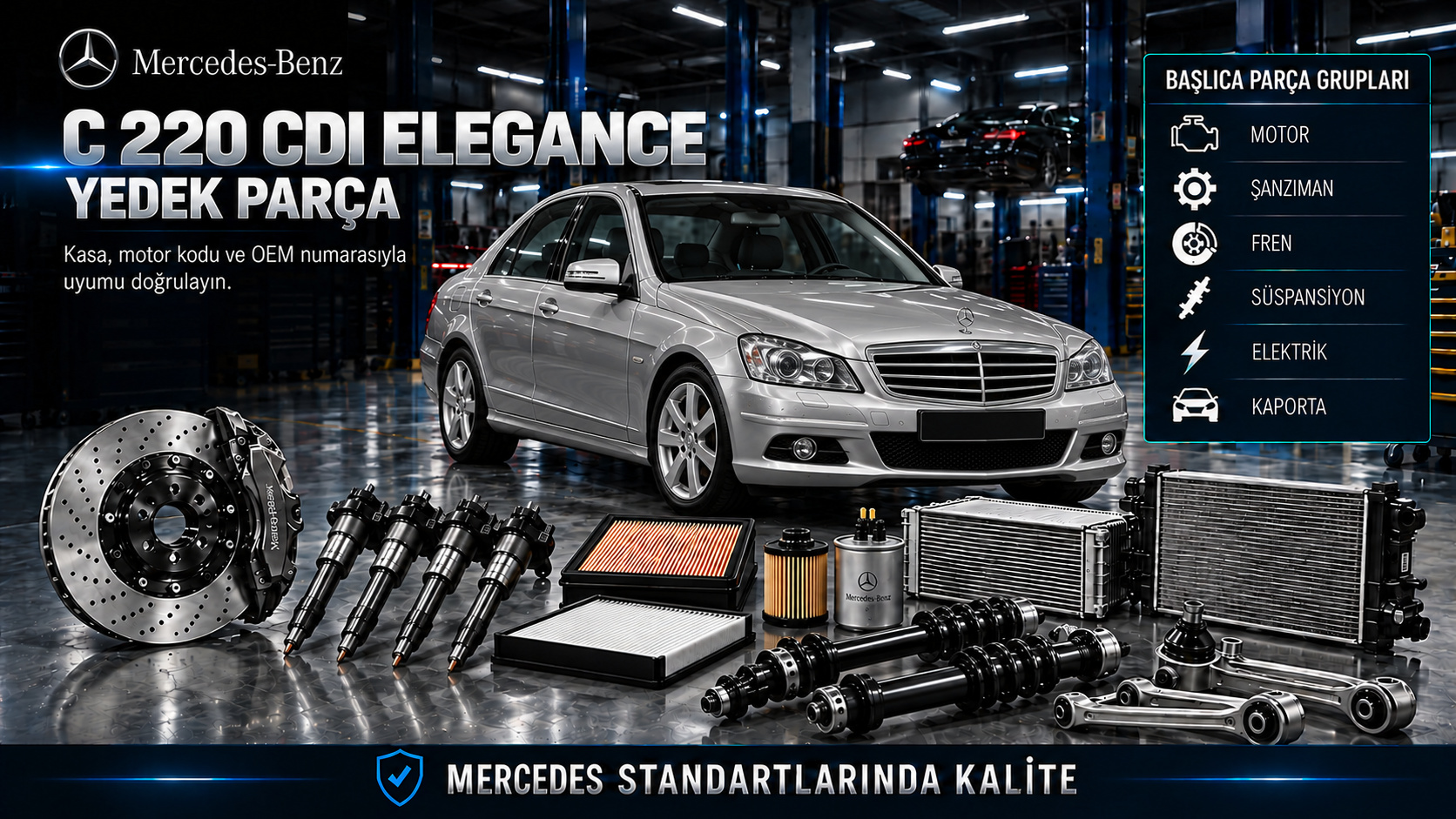 Mercedes C 220 CDI Elegance dizel yakıt, motor bakım, soğutma, aktarma ve krom trim parçaları