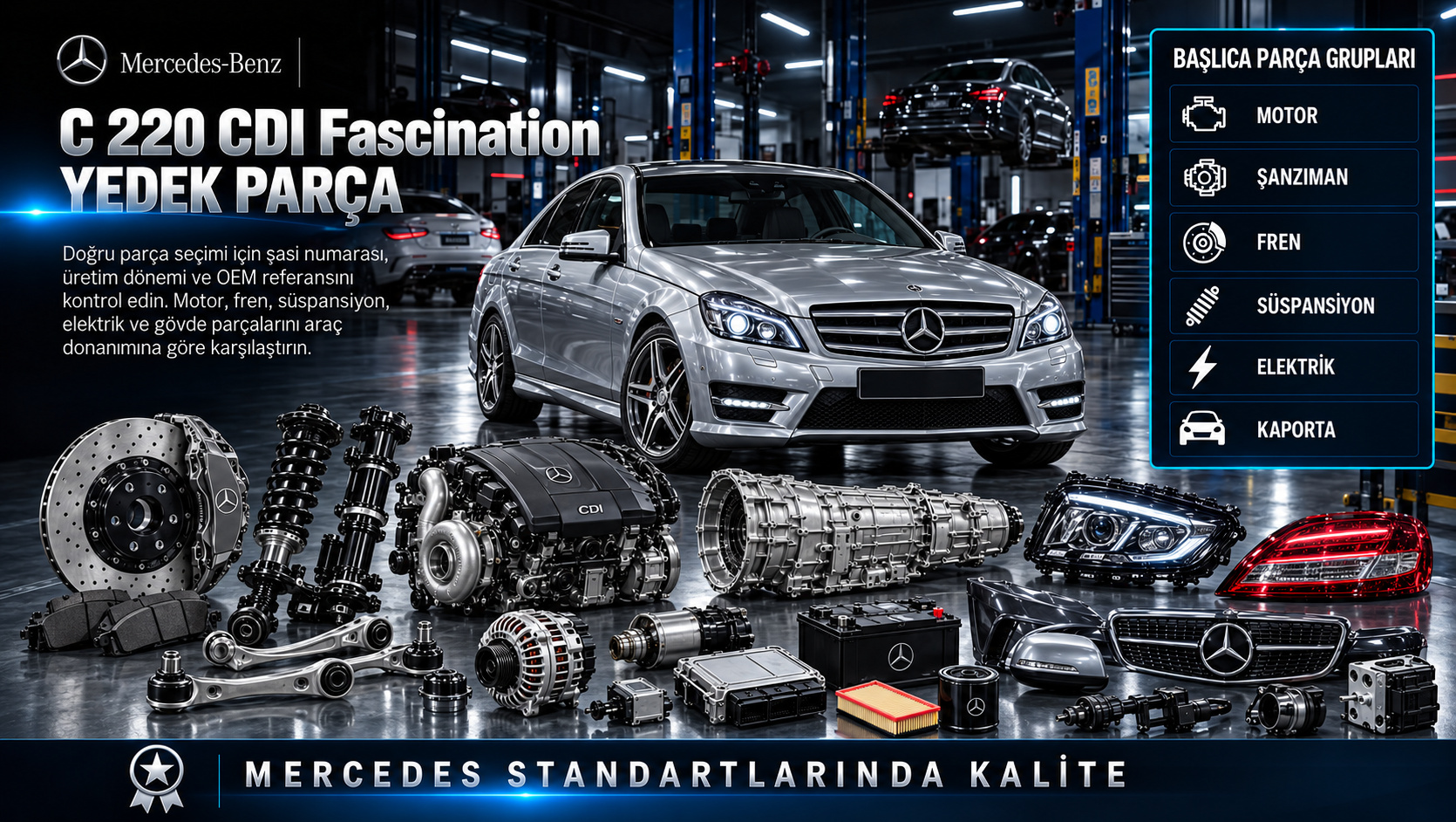 Mercedes C 220 CDI Fascination Yedek Parça: motor, aktarma, fren, süspansiyon ve gövde parçaları