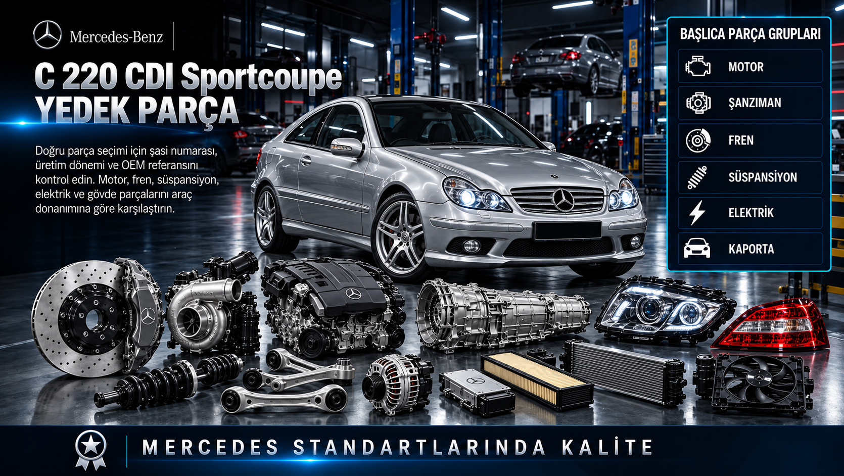 Mercedes C 220 CDI Sportcoupe Yedek Parça: motor, aktarma, fren, süspansiyon ve gövde parçaları