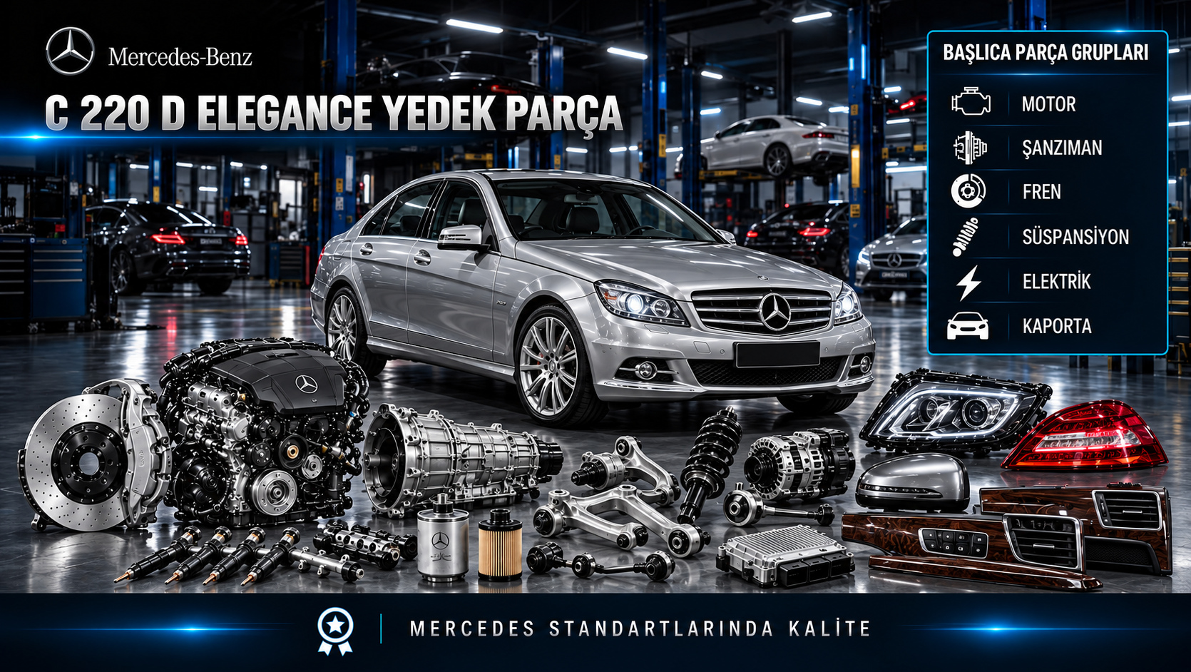 Mercedes-Benz C 220 d Elegance için dizel motor, bakım, yakıt, fren, süspansiyon ve konfor parçalarını gösteren kategori görseli