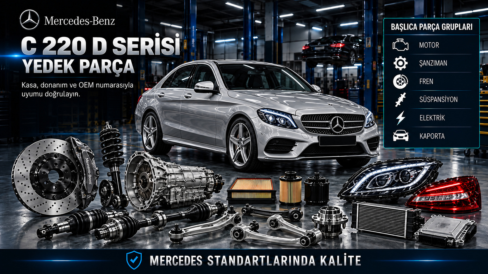 Mercedes C 220 d dizel motor bakım, yakıt, fren, süspansiyon ve gövde parçaları